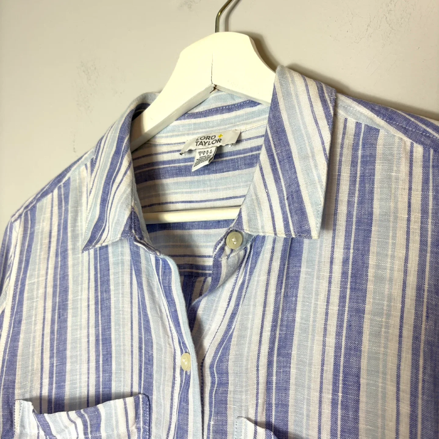 Lord & Taylor 100% Linen Striped Purple Blue Shirt Size Small image indicator(3)