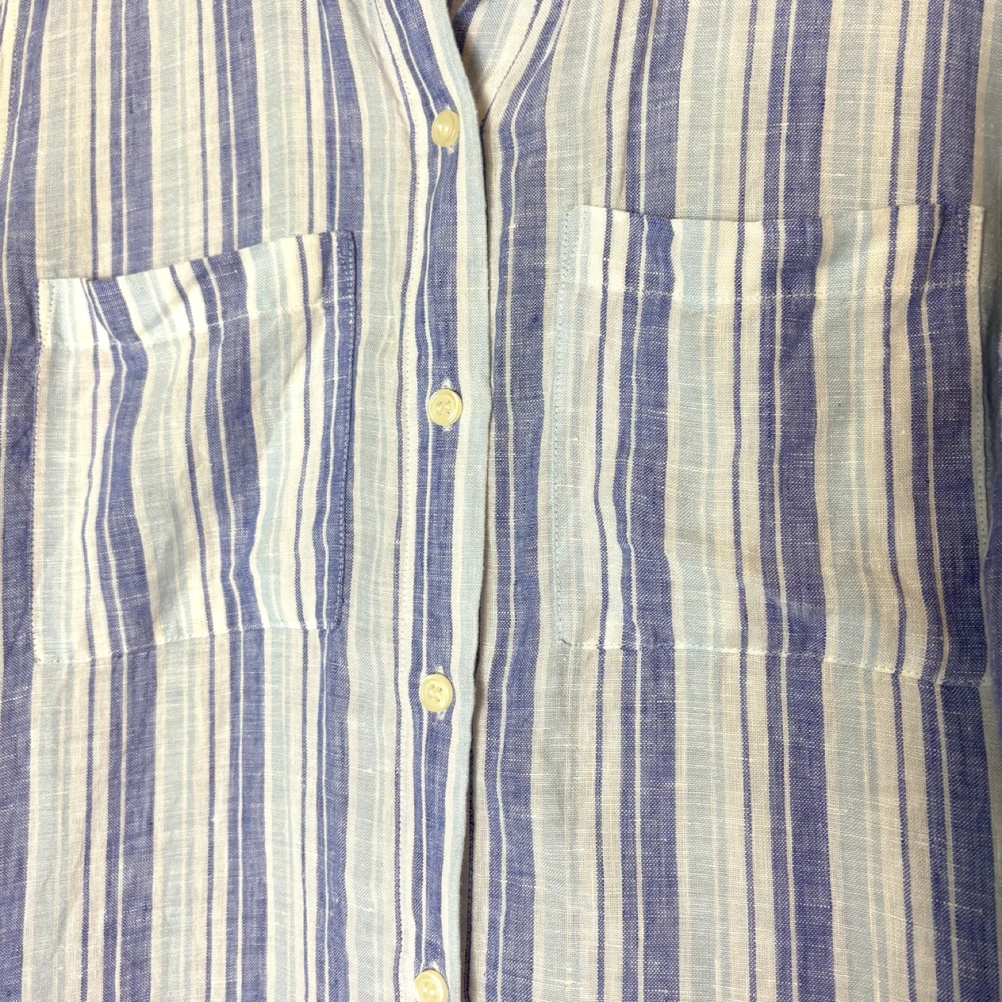 Lord & Taylor 100% Linen Striped Purple Blue Shirt Size Small image indicator(5)
