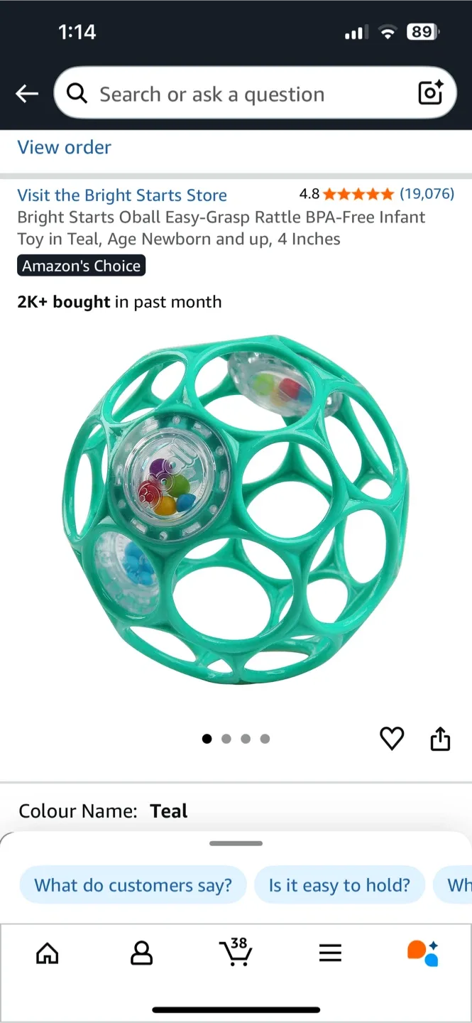 Bright Starts Oball Easy-Grasp Rattle - Teal