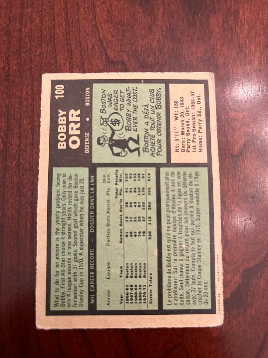 BOBBY ORR 1971, O-PEE-CHEE, #100 Boston Bruins image indicator(2)