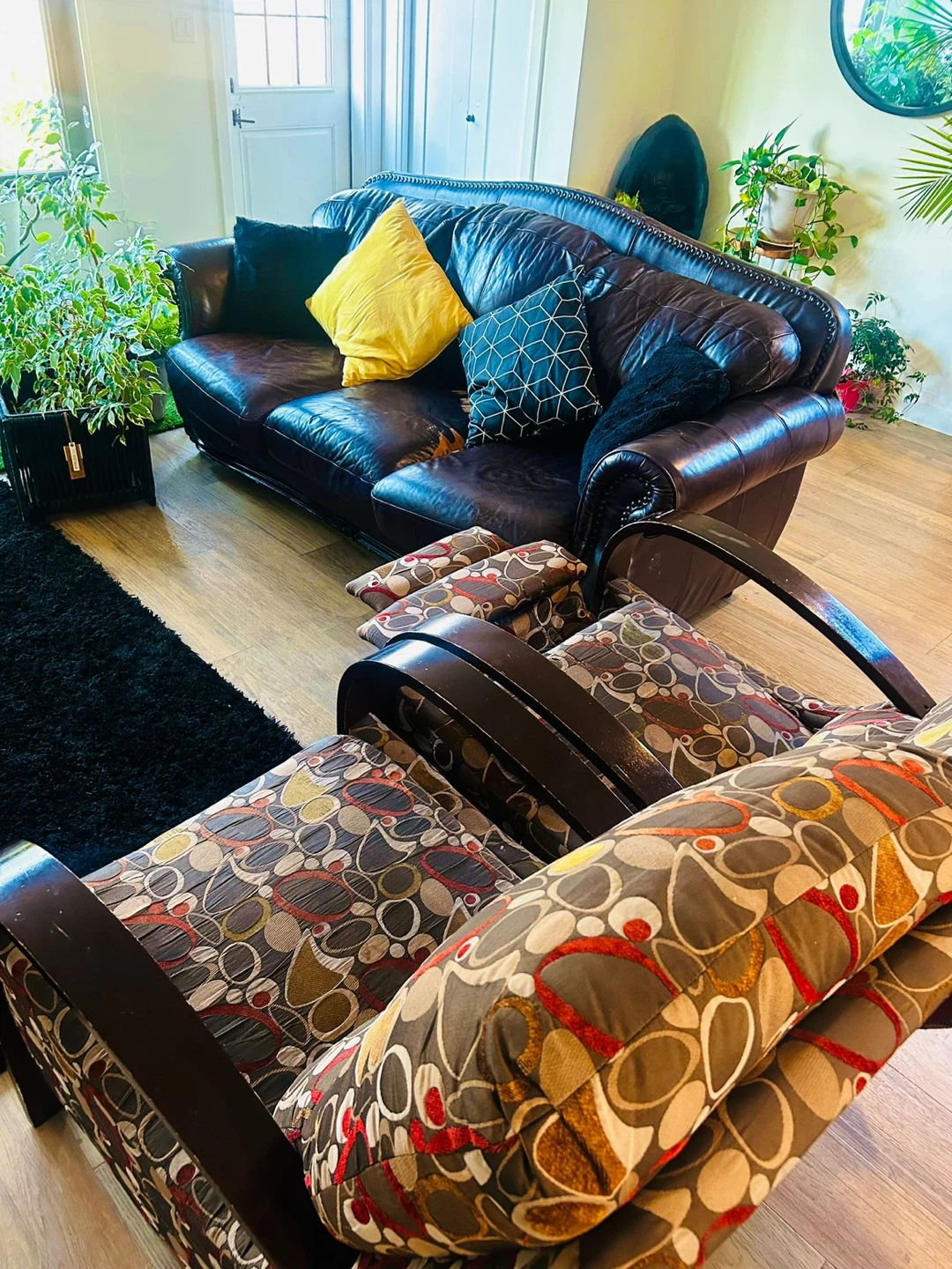 Used Brown Leather Sofa and Patterned Recliner - photo 3