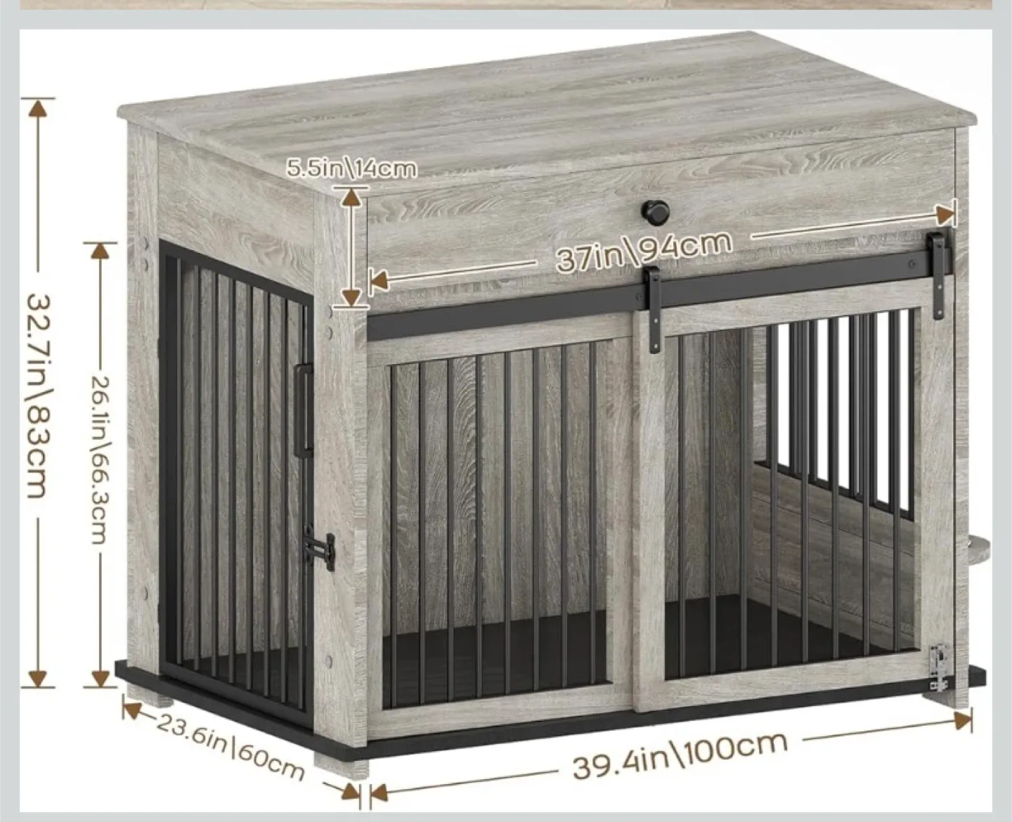 Grey Wooden Dog Crate Furniture, 39.4"x24.7"x34.7"