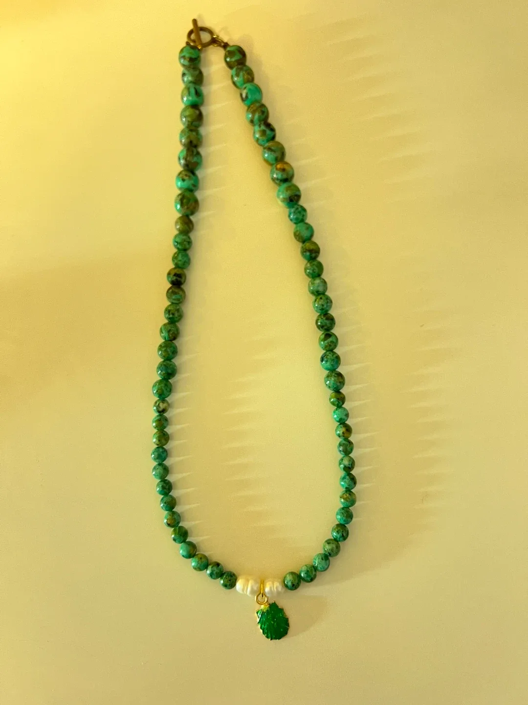 Turquoise Beaded Necklace with Green Shell Pendant