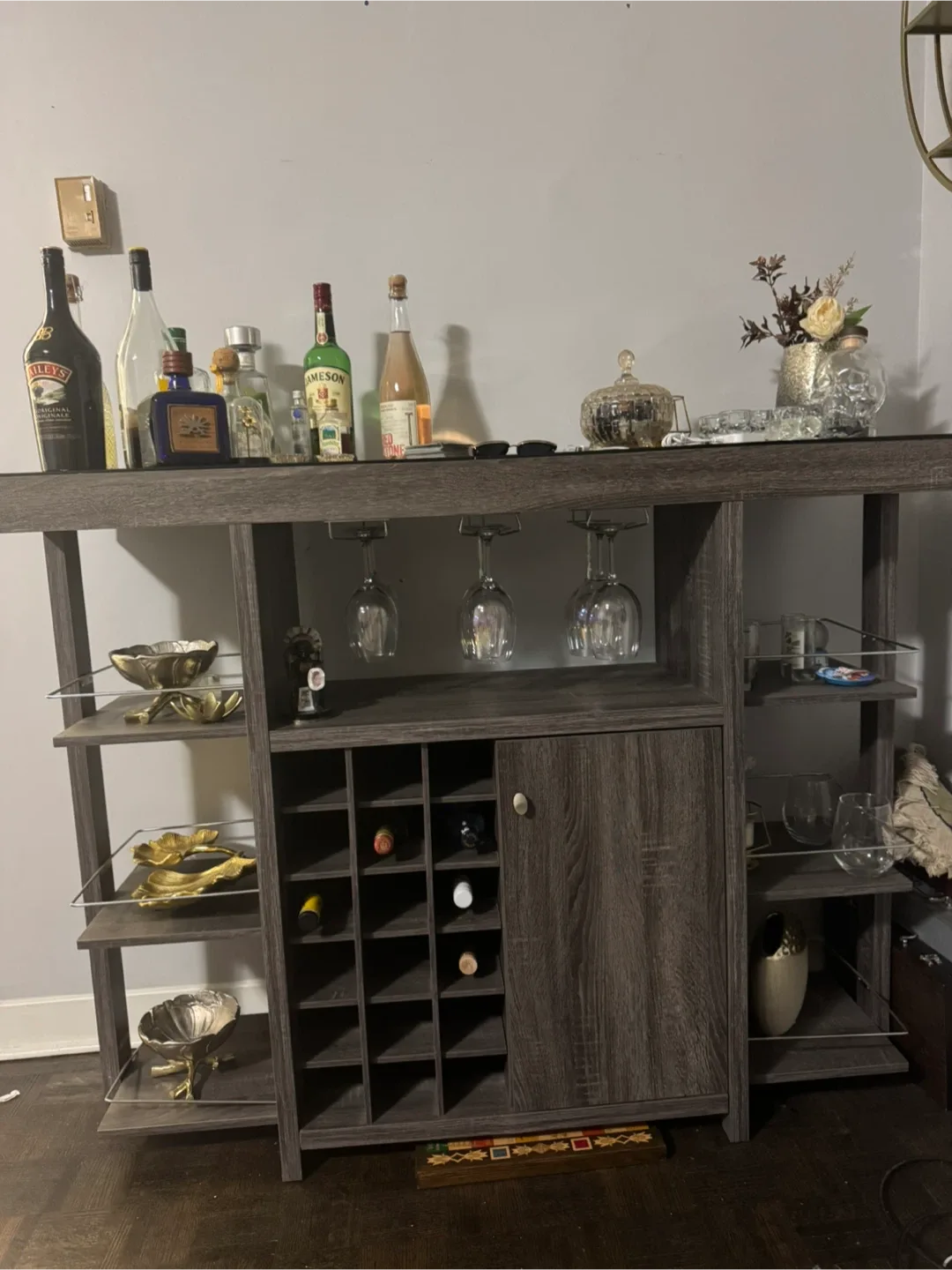 Grey Wood Bar Cabinet with Wine Rack