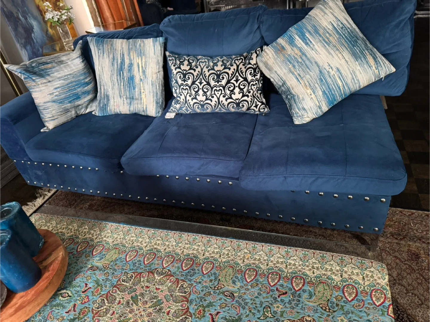 Blue Sectional Sofa with Ottoman