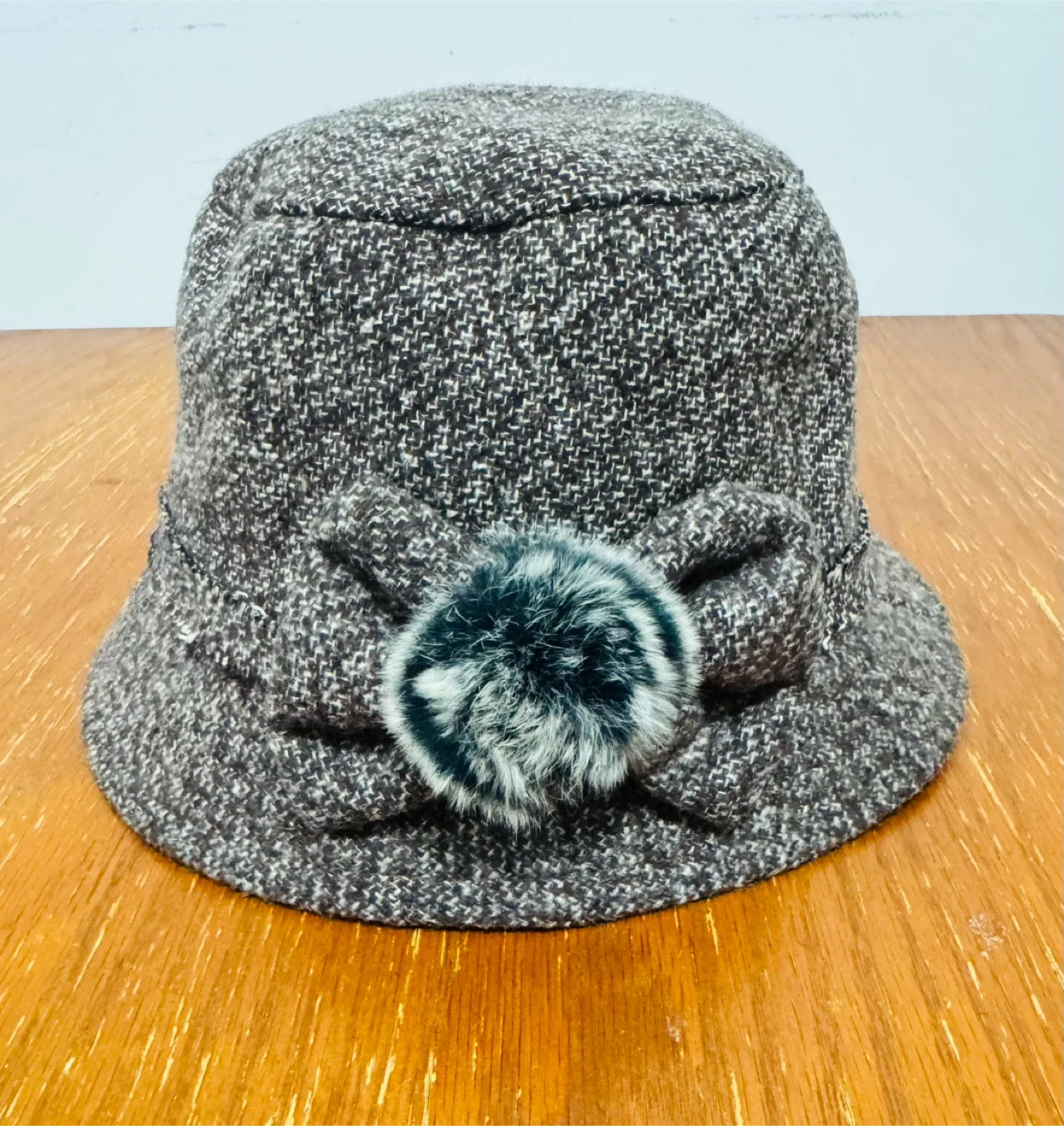 Brown Tweed Hat with Pom-Pom