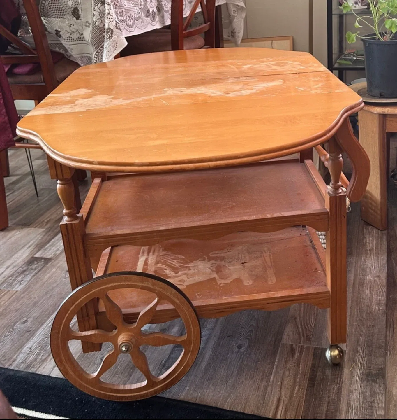 Vintage Wooden Tea Cart with Wheels