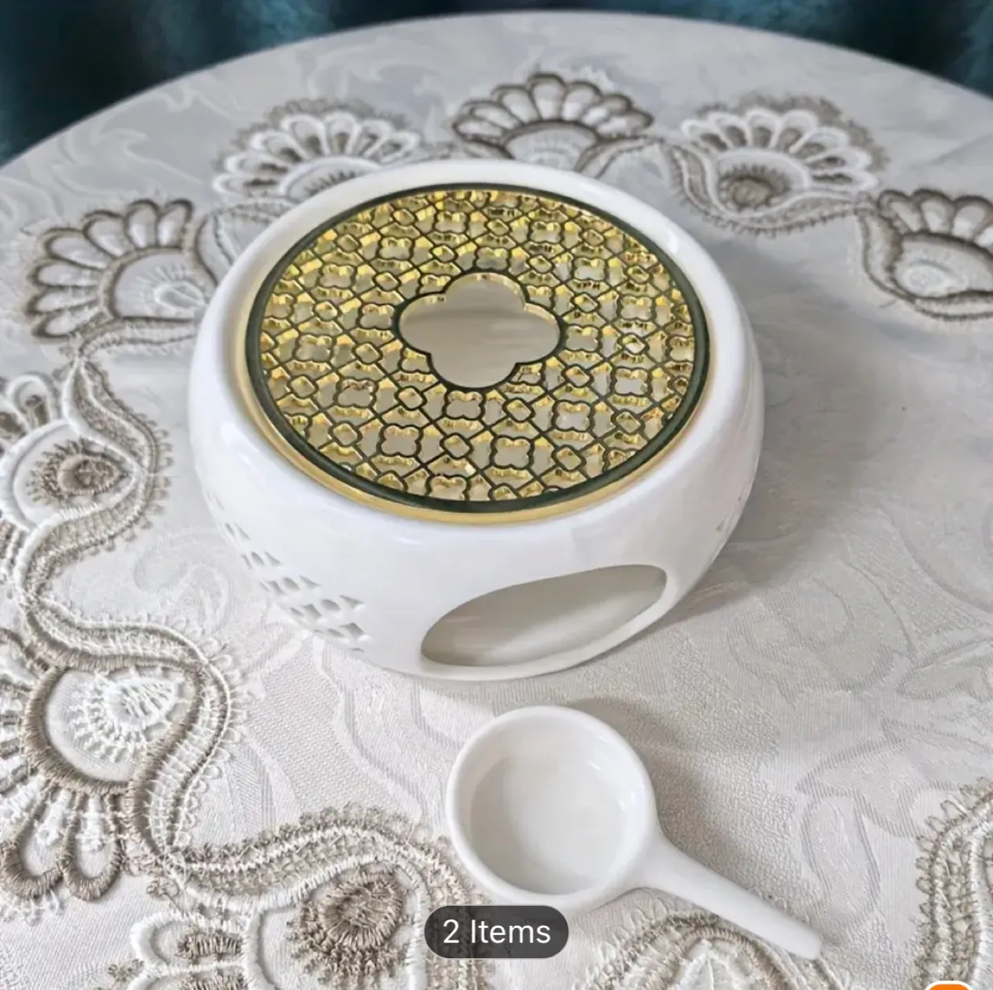 Brand New-Tea Warmer with Teapot, Spoon, Ceramic & Zinc Alloy image indicator(2)