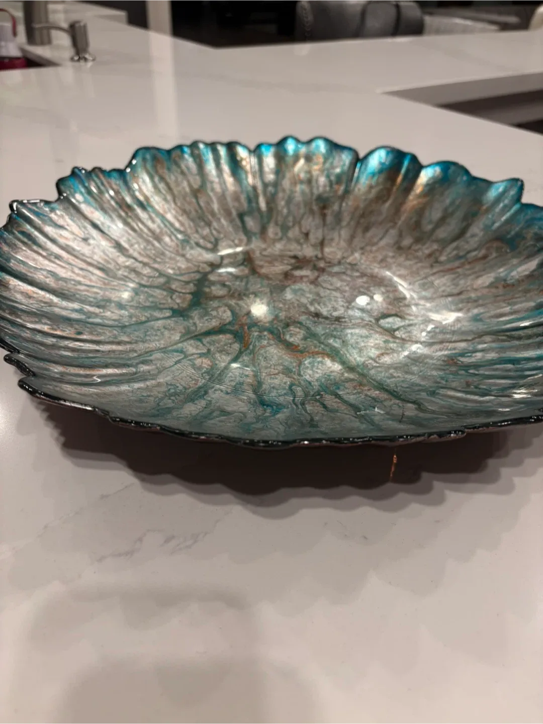 Decorative Teal & Silver Glass Bowl