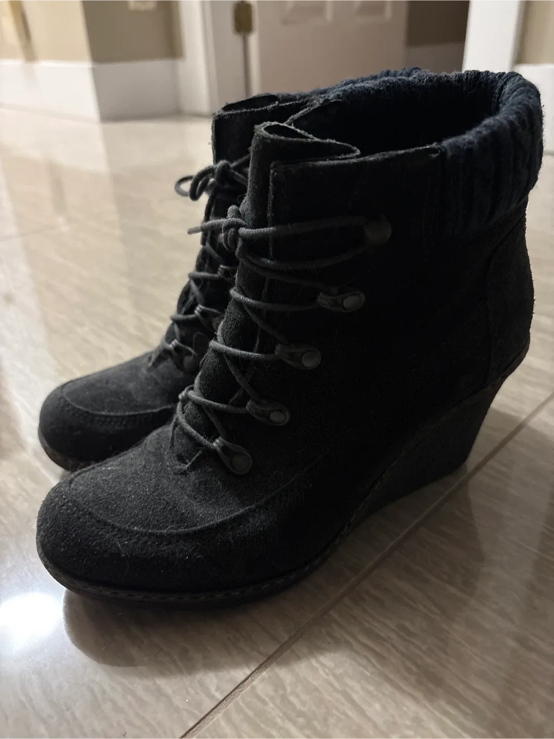 Black Wedge Ankle Boots, Size 7