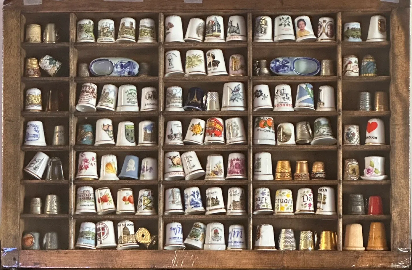 Vintage Thimble Collection in Display Case