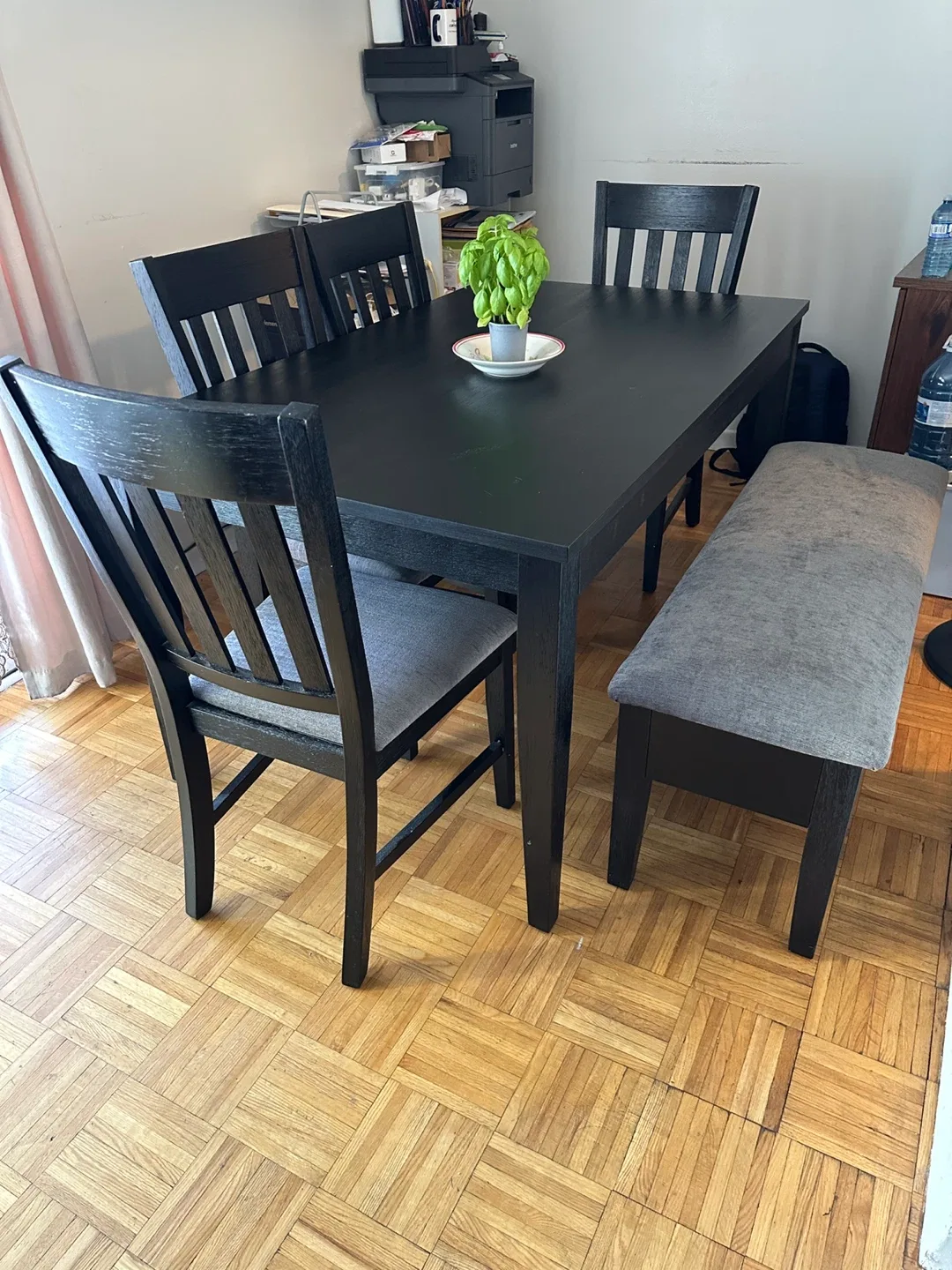 Dining Table with 4 Chairs and Bench - Black