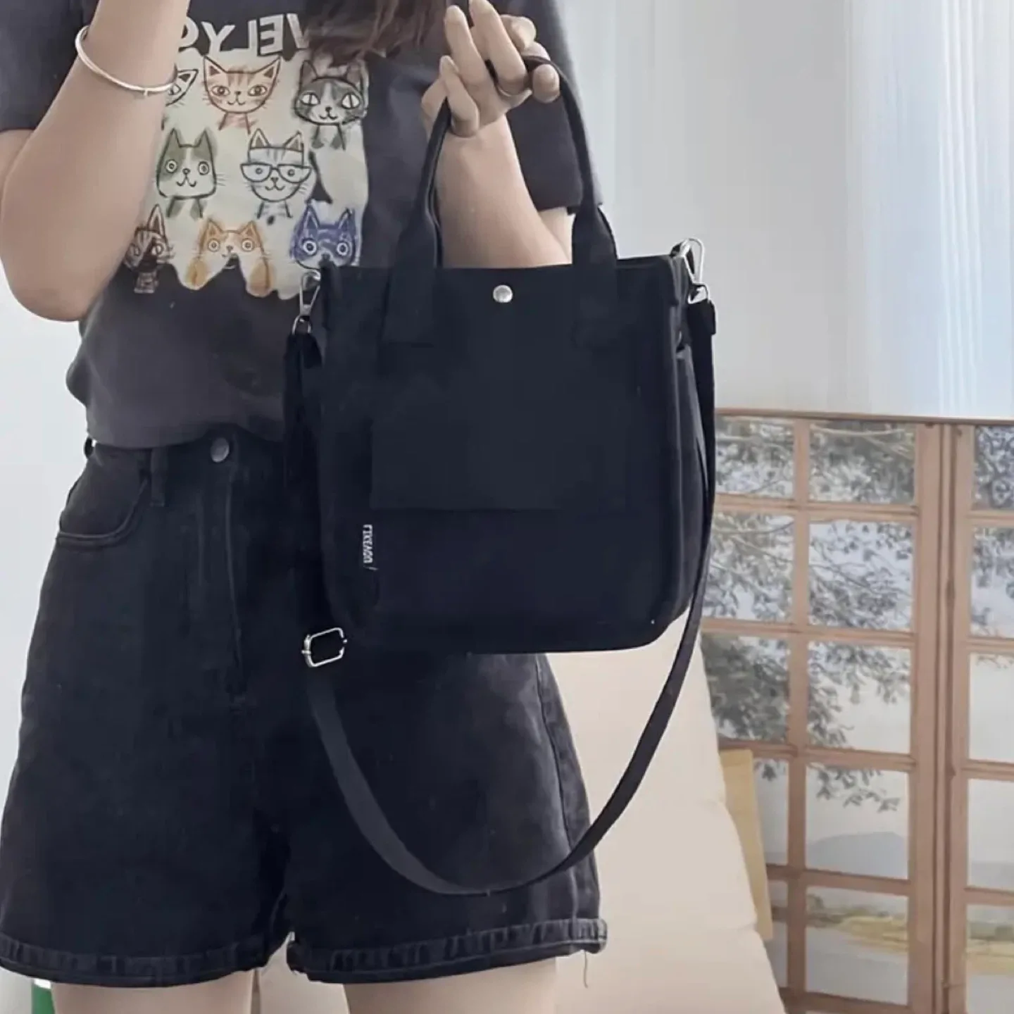 Small Black Canvas Tote Bag with Shoulder Strap image indicator(3)