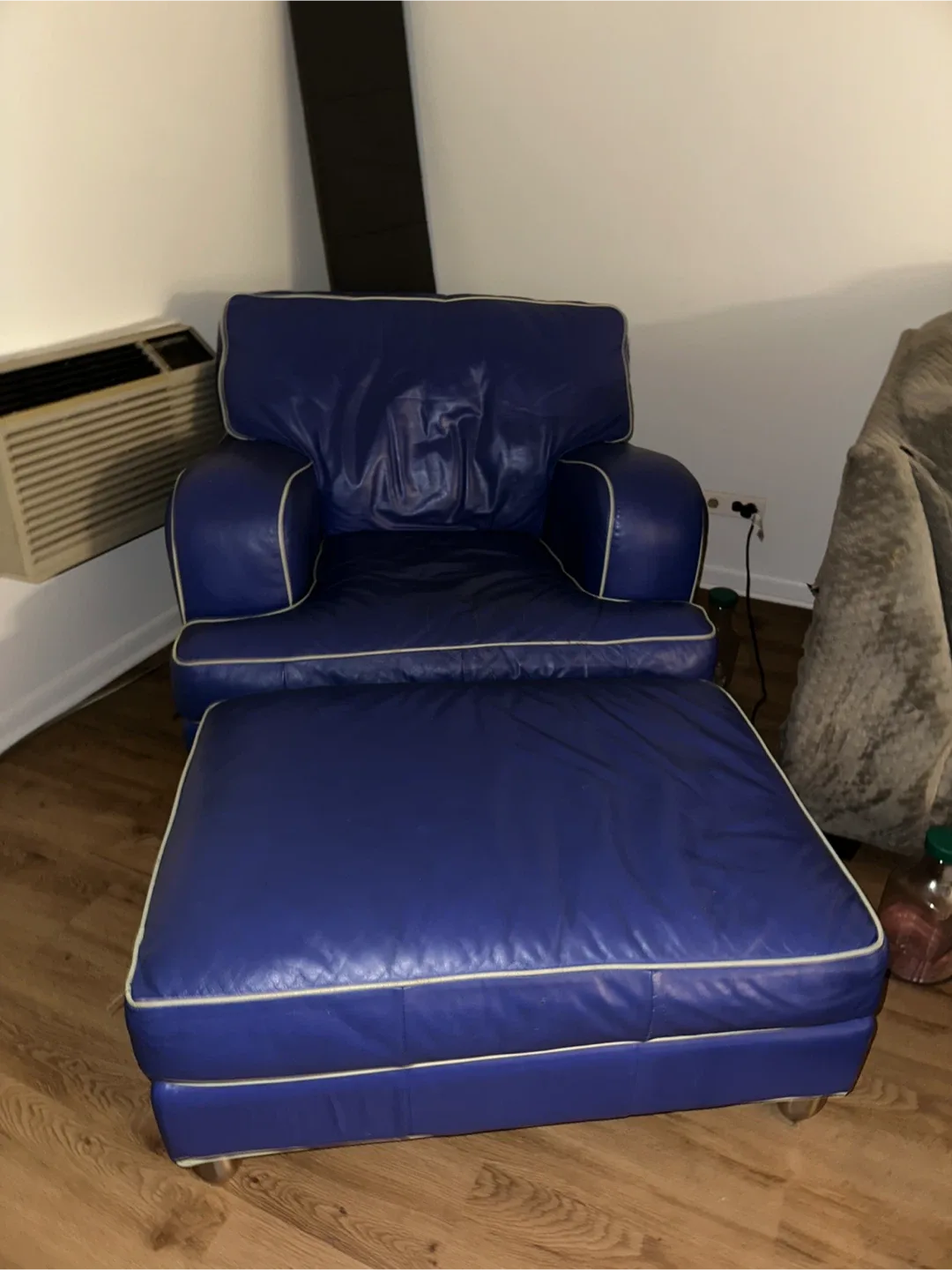 Blue Leather Armchair with Ottoman