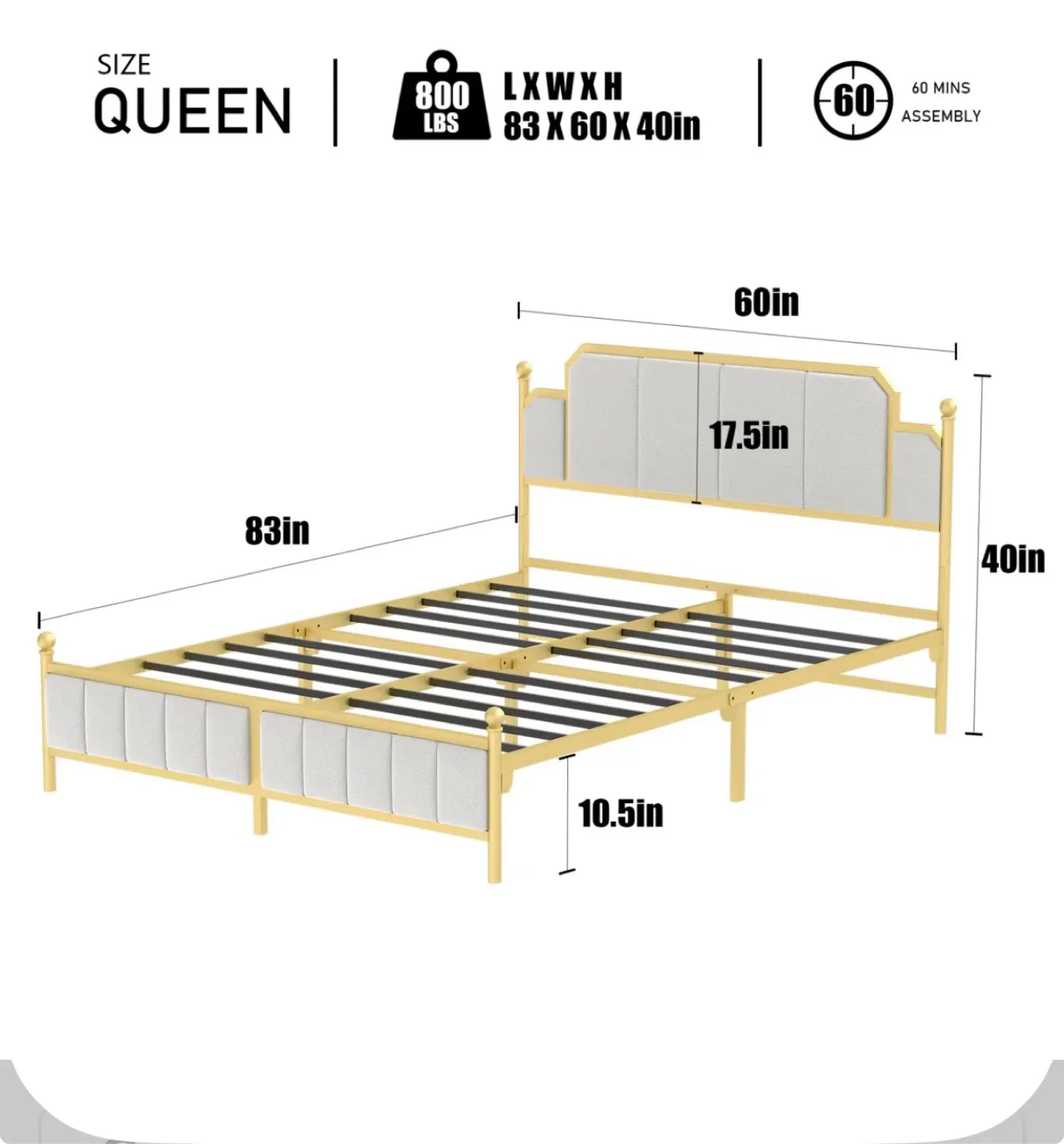 Queen Size Bed Frame - Gold & Cream and Queen Size Mattress