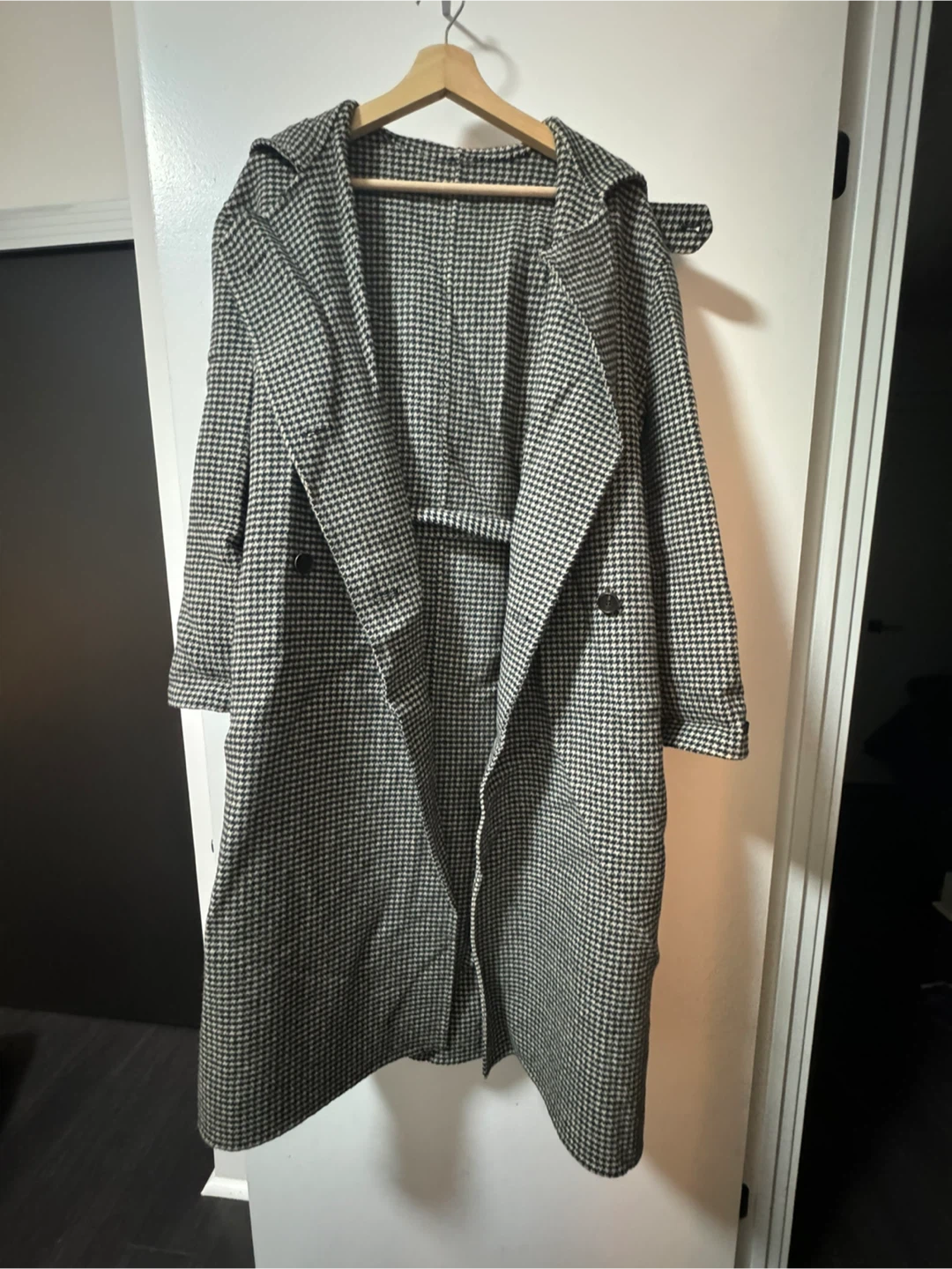 Houndstooth Hooded Overcoat - Hand Made in Korea