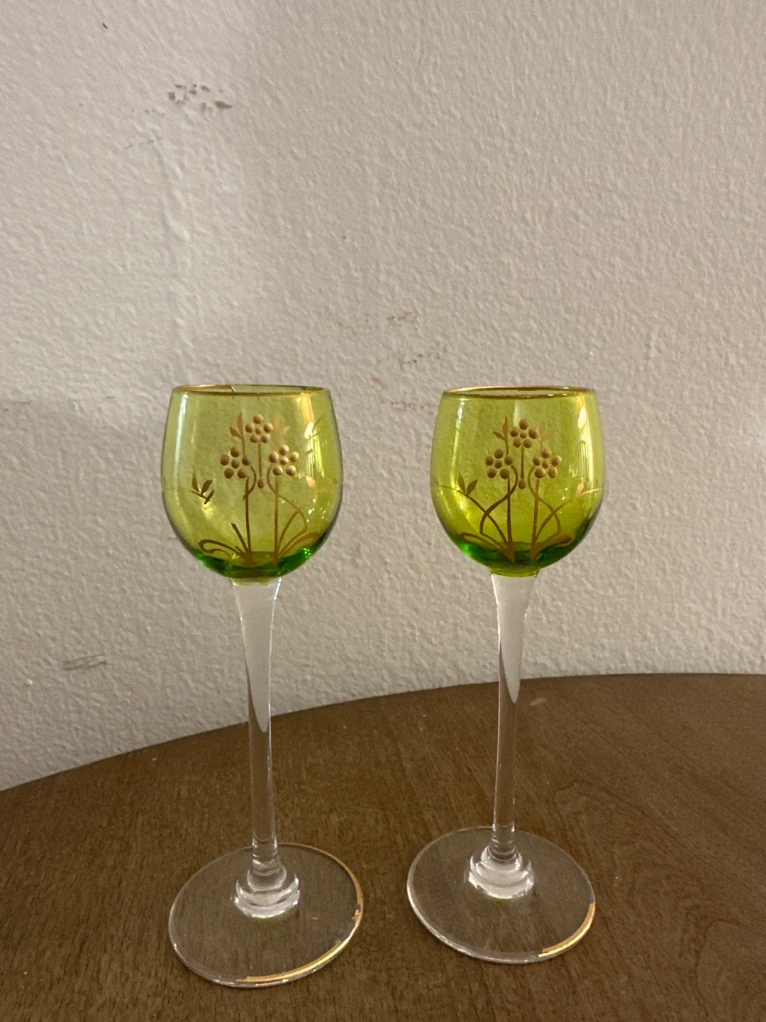 Green Wine Glasses with Gold Trim