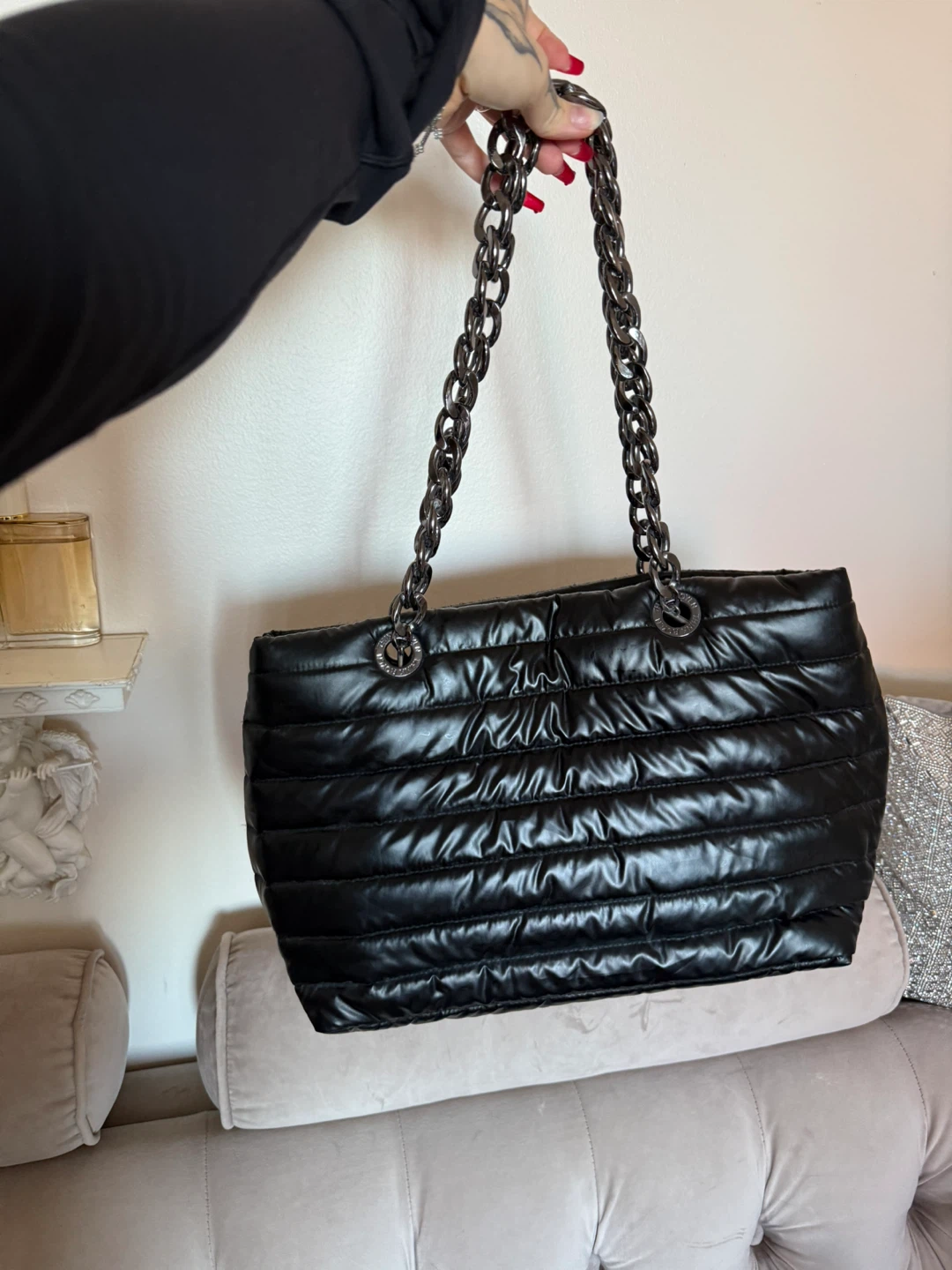 Think Royln Black Puffer Chain Tote Bag