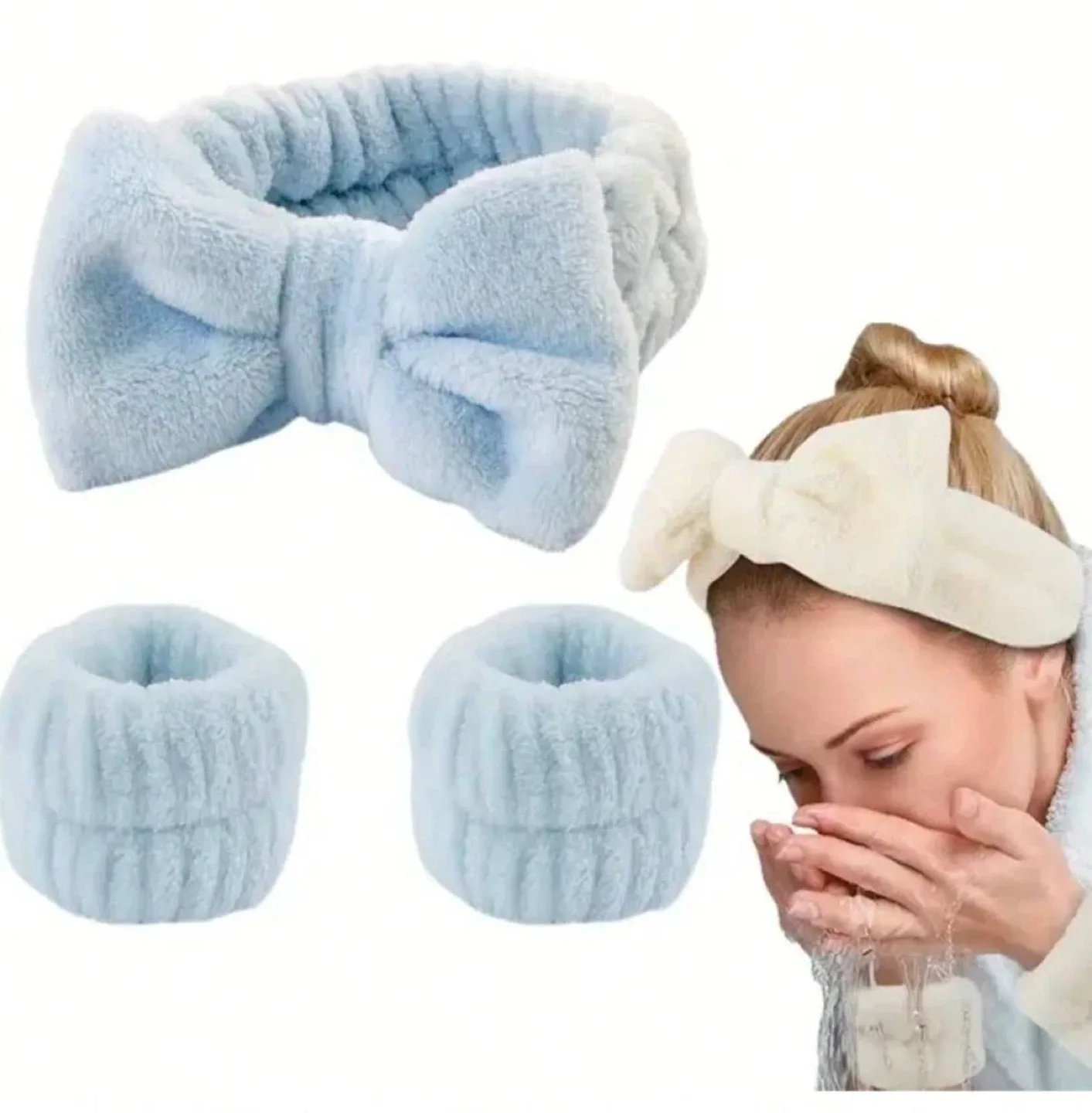 Bow bath headband and wristband set blue