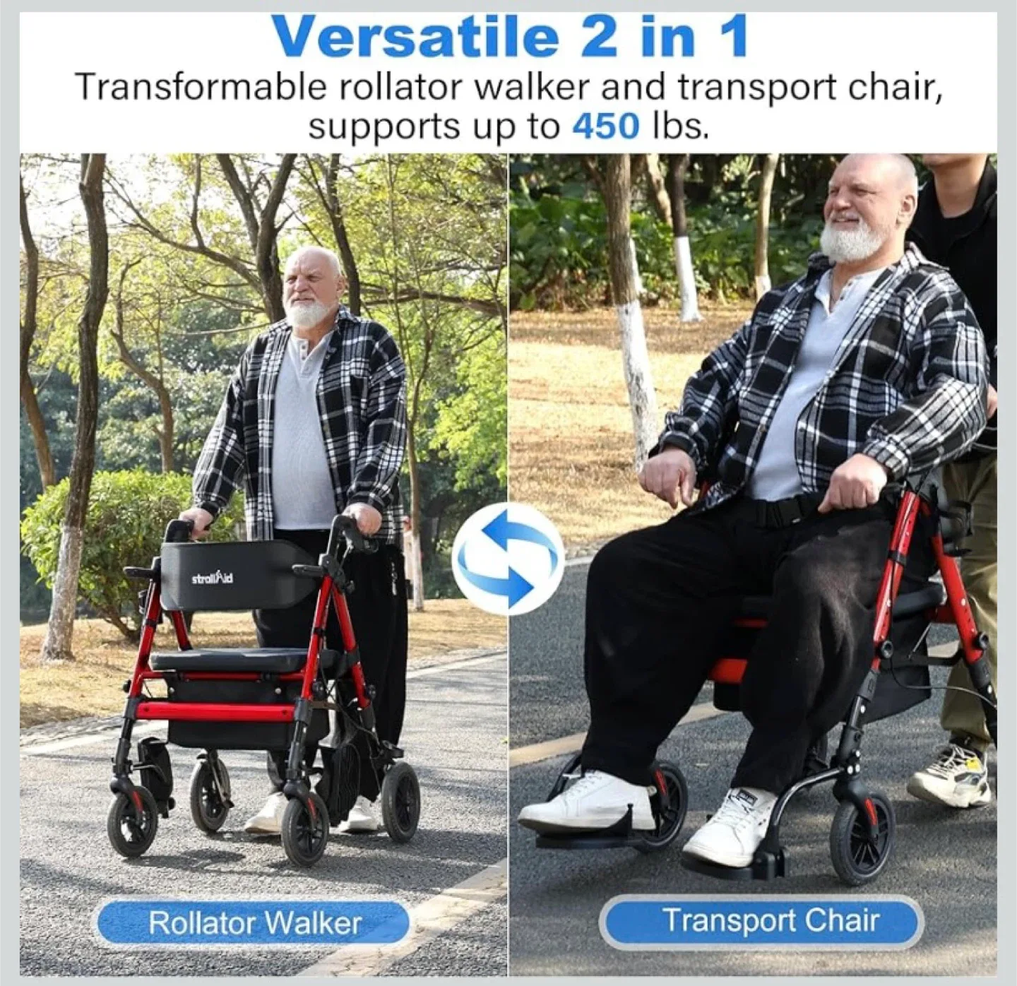 New StrollAid Heavy Duty Rollator Walker Wheelchair Combo image indicator(2)