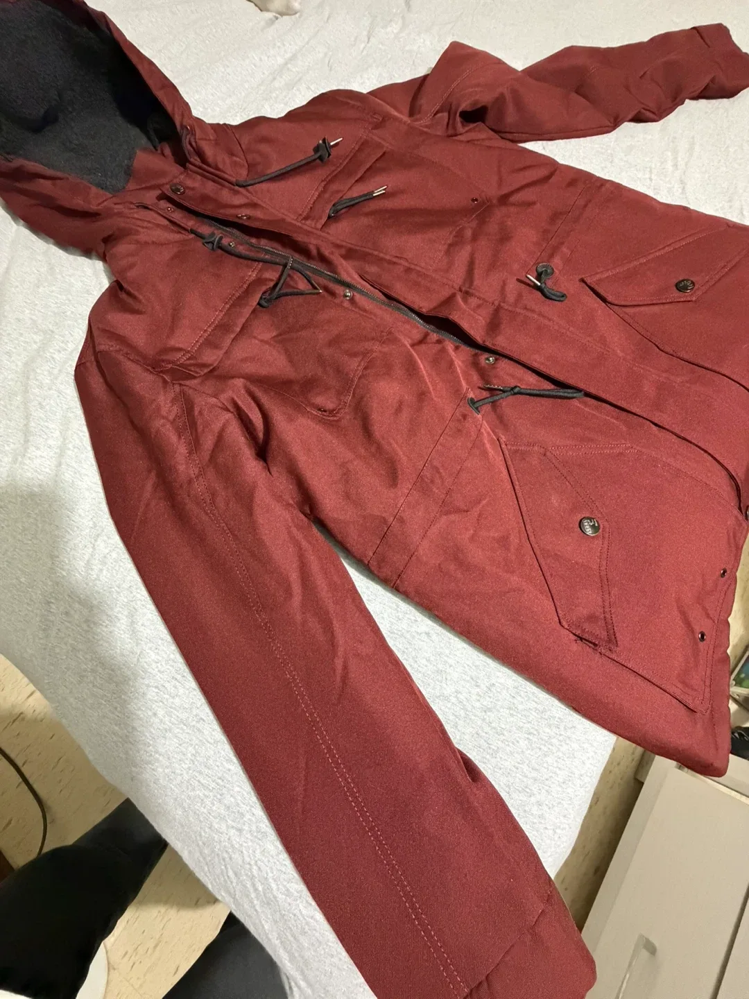 Red hooded winter jacket