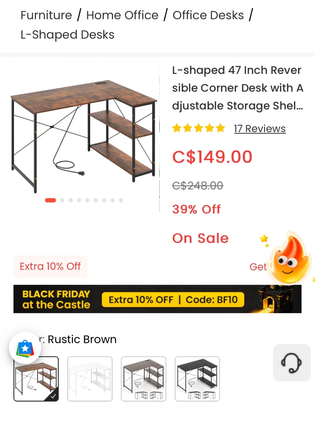 L-shaped 47 Inch Reversible Corner Desk - Rustic Brown image indicator(3)