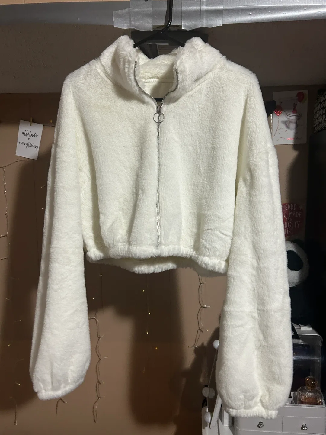 Fuzzy White Cropped Zip-Up Jacket