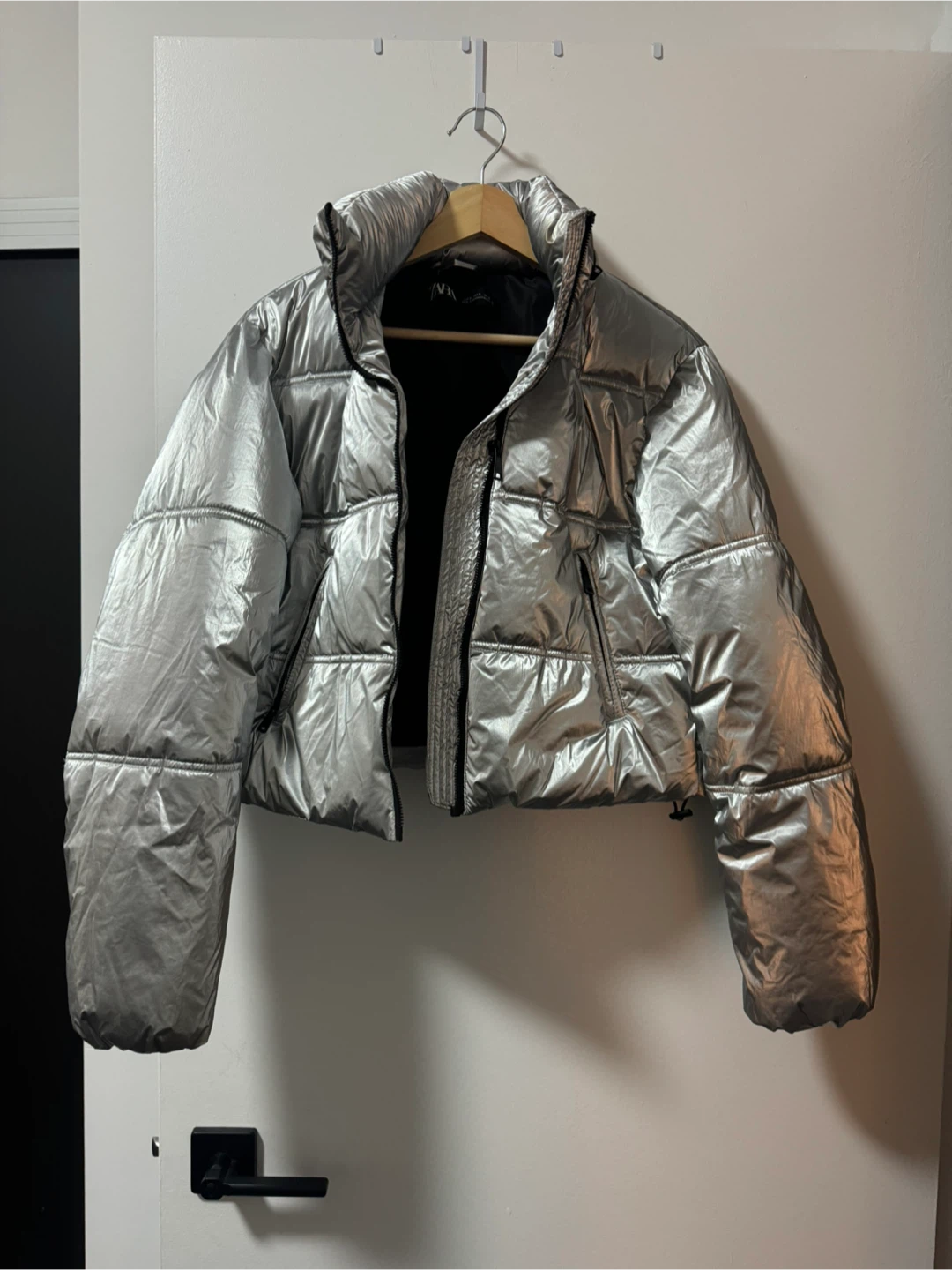 Zara Silver Metallic Cropped Puffer Jacket