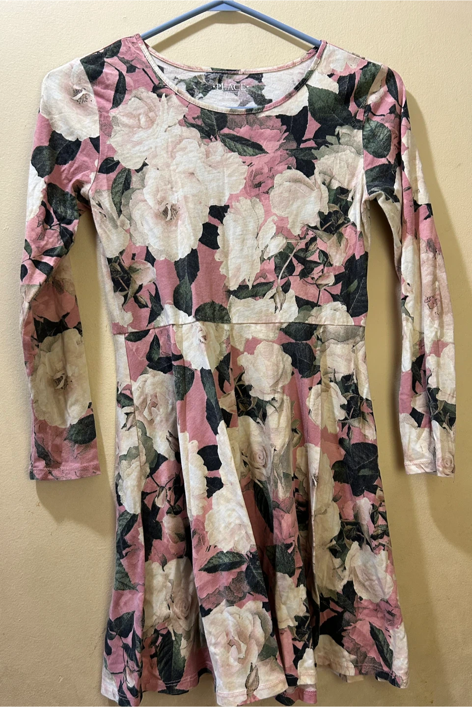 Girls pink dress w white roses & green leaves (10/12)