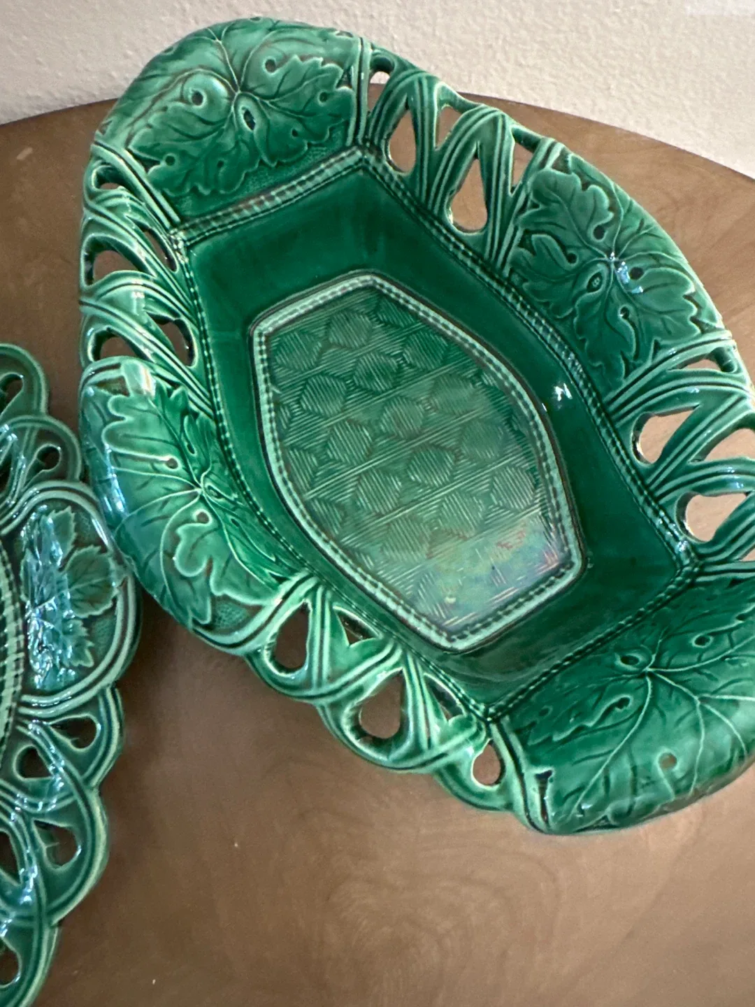 Vintage Majolica Green Basketweave Plate & Basket image indicator(2)