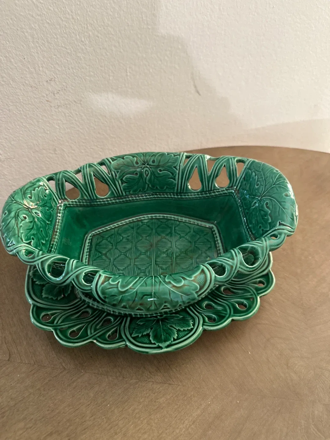 Vintage Majolica Green Basketweave Plate & Basket image indicator(6)