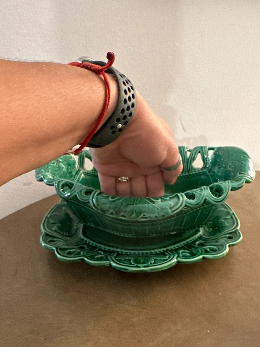 Vintage Majolica Green Basketweave Plate & Basket image indicator(5)