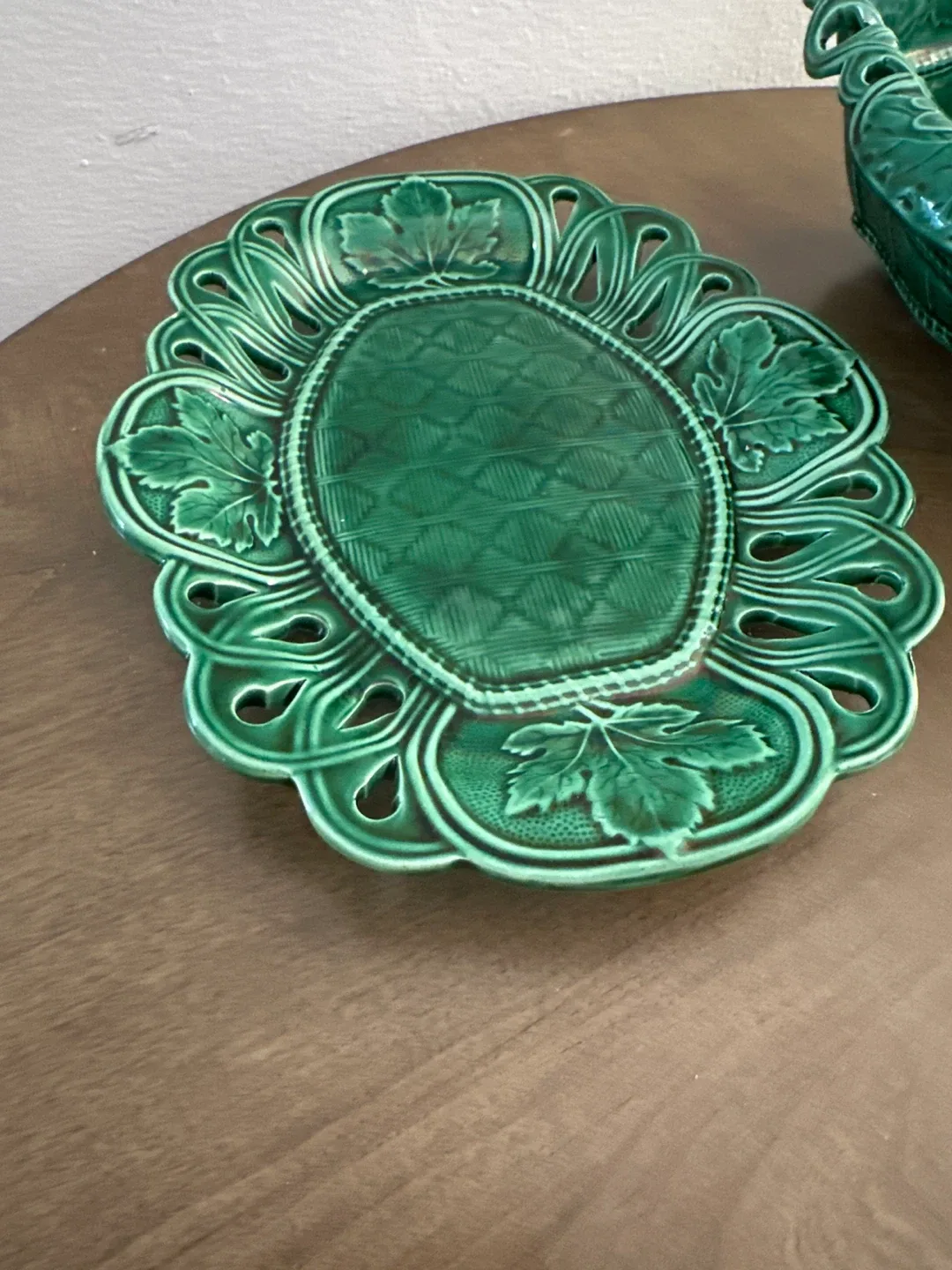 Vintage Majolica Green Basketweave Plate & Basket image indicator(3)