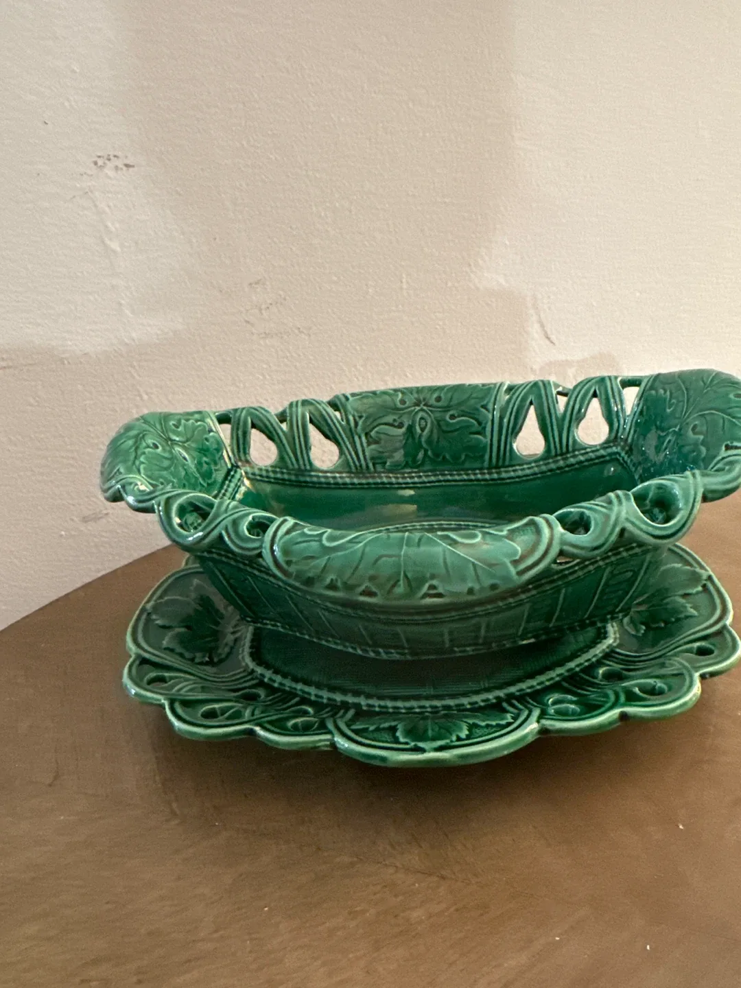 Vintage Majolica Green Basketweave Plate & Basket image indicator(4)