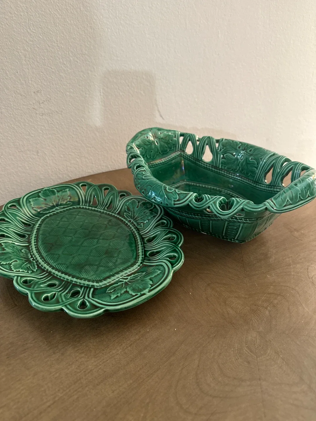 Vintage Majolica Green Basketweave Plate & Basket