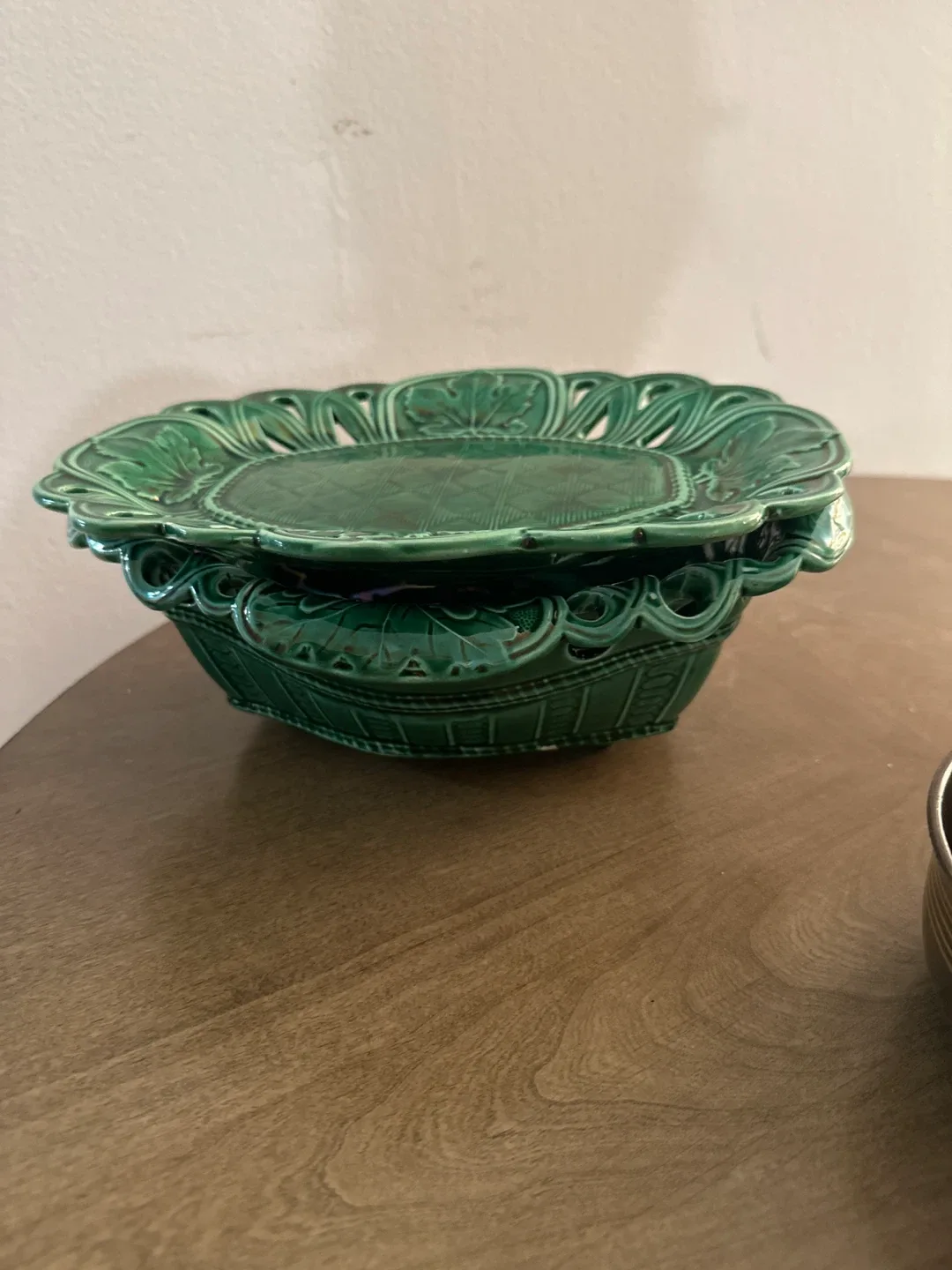 Vintage Majolica Green Basketweave Plate & Basket image indicator(7)