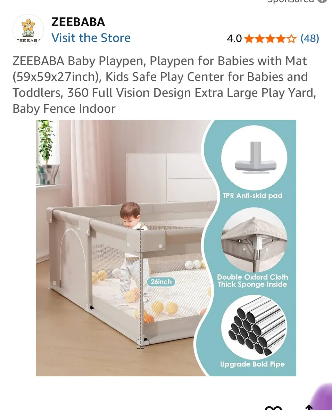 ZEEBABA Baby Playpen with Mat (59x59x27 inch) image indicator(5)