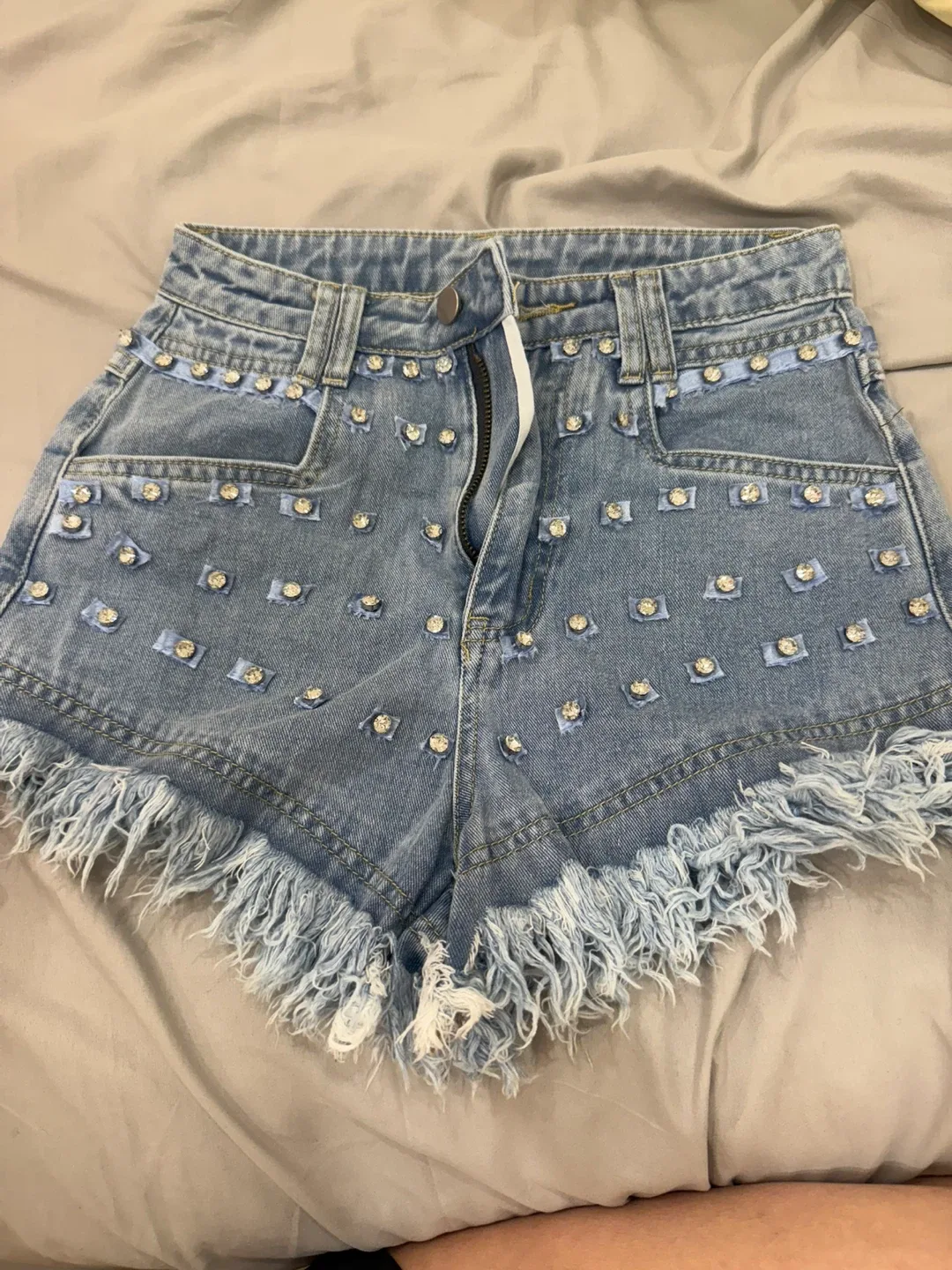 Denim Shorts with Rhinestones
