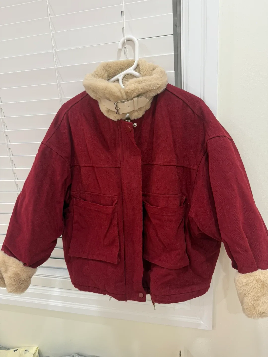 Red Winter Jacket with Fur Trim
