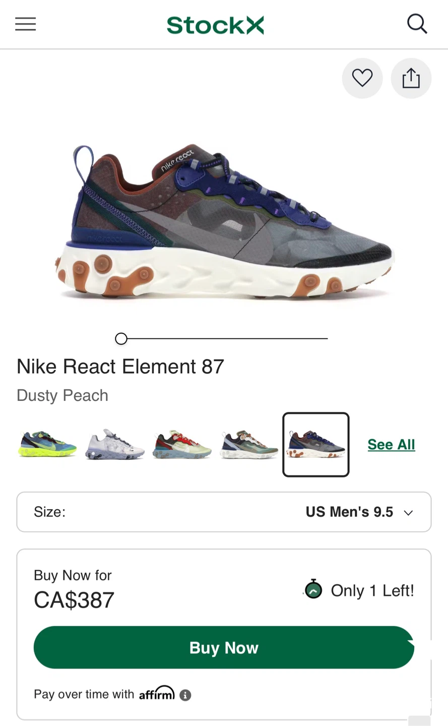 Nike React Element 87 Dusty Peach US Men's 9.5 - photo 4