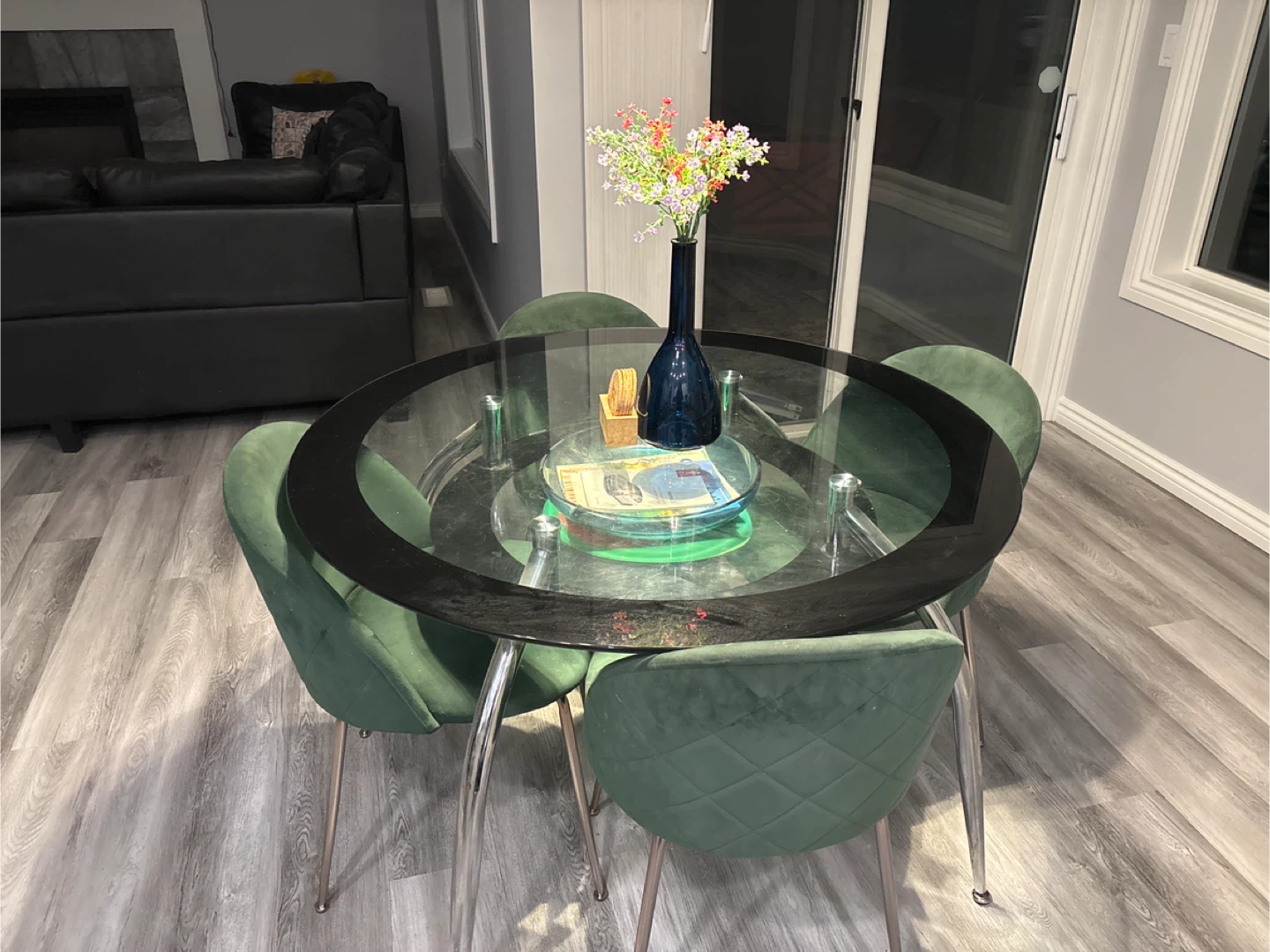 Round Glass Dining Table with 4 Green Velvet Chairs - photo 2