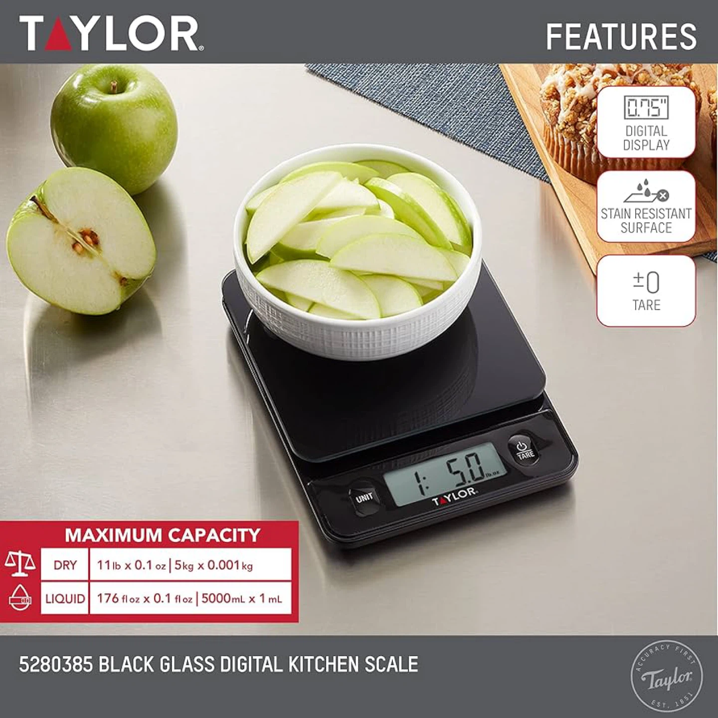 Taylor Glass Top Food Scale with Touch Control Buttons, 11 lb - photo 2