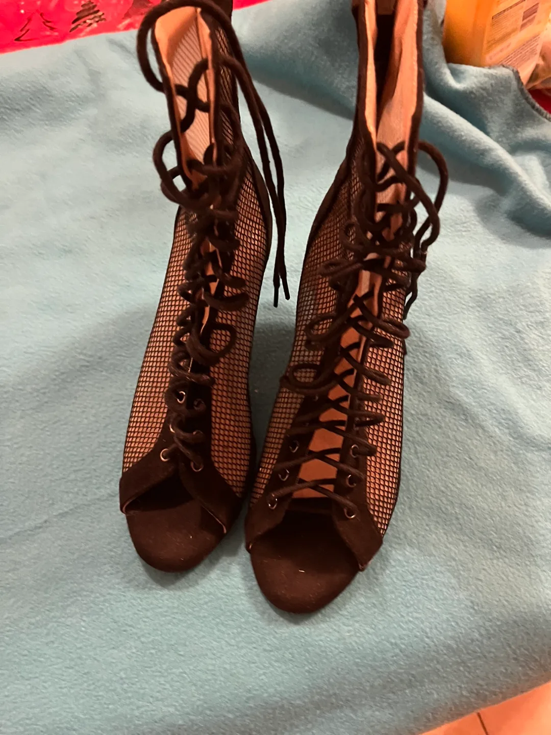 Black Lace-Up Heel Booties 7/8