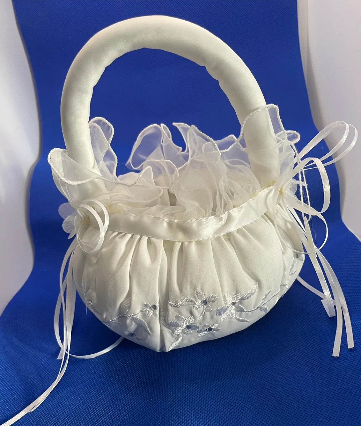 White Satin Flower Girl Basket