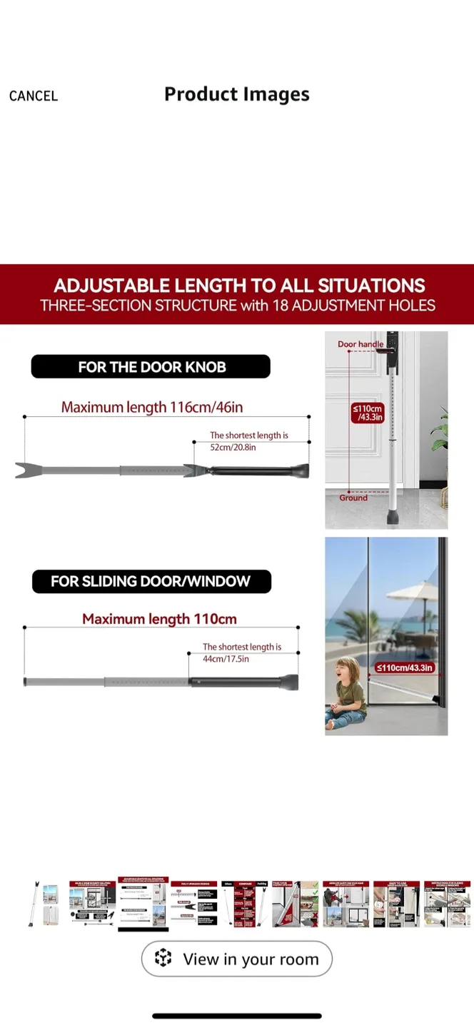 AceMing Door Security Bar - Adjustable & Strong image indicator(3)