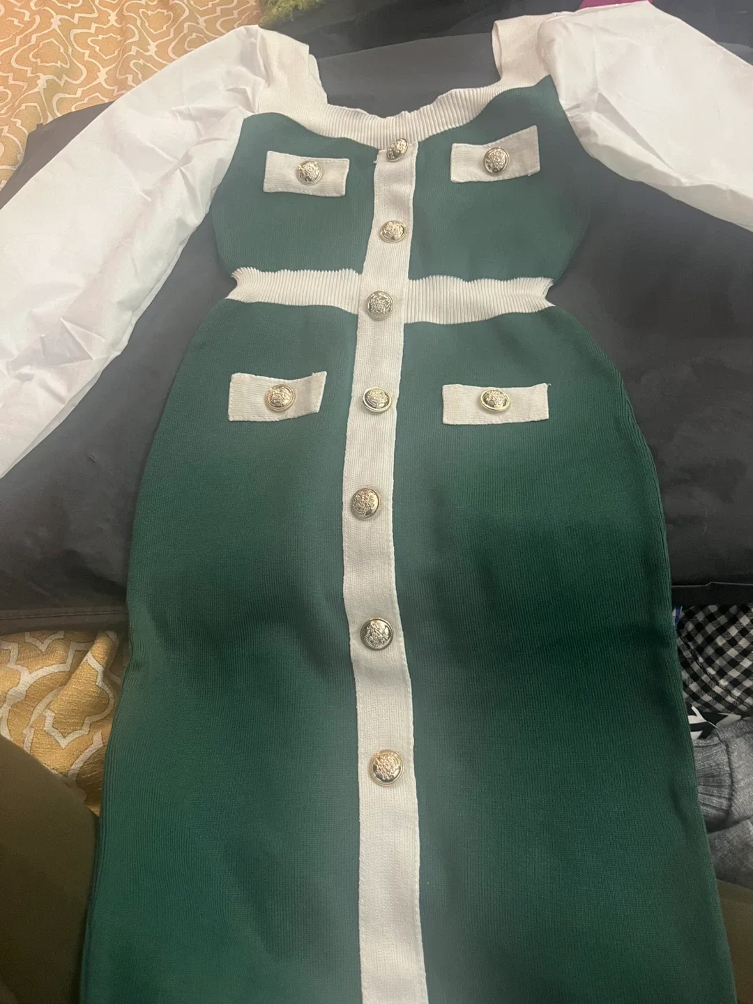 Green & White Buttoned Dress