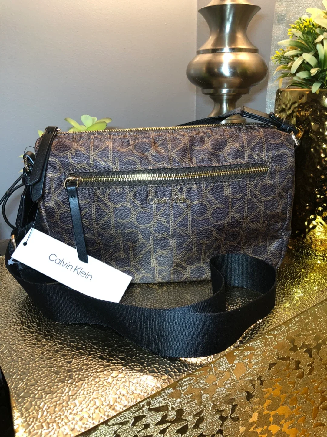 Calvin Klein Brown Patterned Crossbody Bag