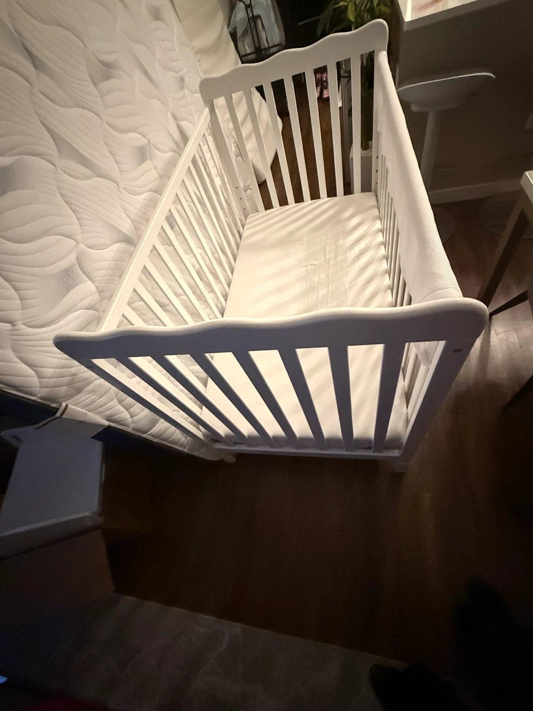 White Wooden Baby Crib + Baby Mattress