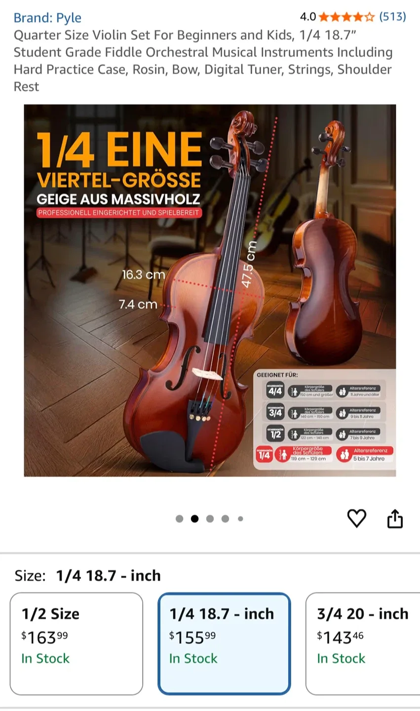 Pyle 1/4 Size Violin Set - New