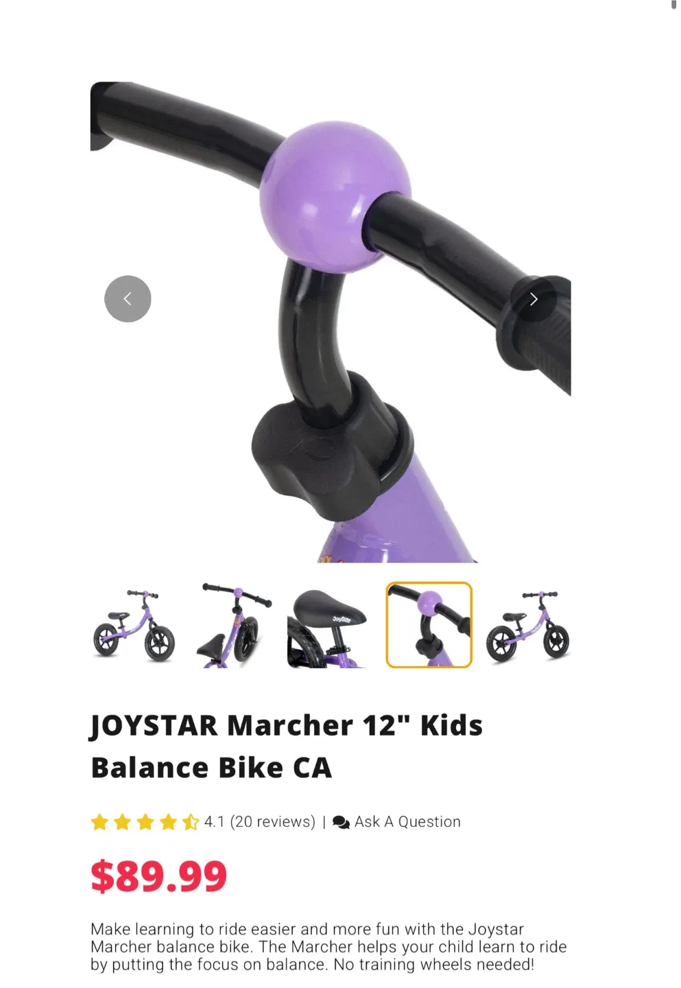 JOystar Marcher 12" Kids Balance Bike - Purple image indicator(2)